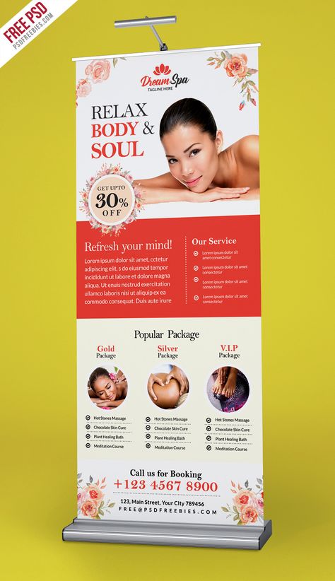 Free PSD : Beauty and Spa Roll-up Banner Template PSD on Behance Spa Banner, Rollup Design, Rollup Banner Design, Beauty Salon Posters, Dreams Spa, Spa Studio, Beauty Therapy Room, Skin And Hair Clinic, Skin Care Salon