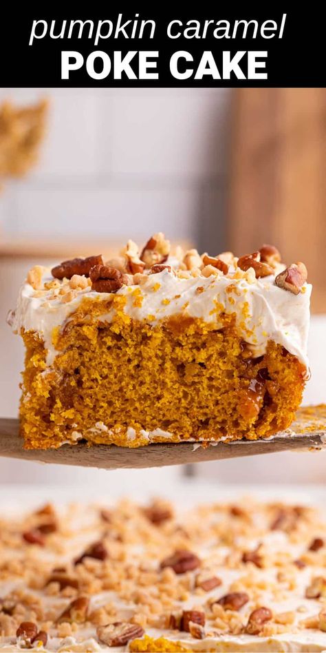 Pumpkin Caramel Cream Cheese Poke Cake, Pumpkin Poke Cake Recipes Easy, Caramel Pumpkin Cake, Pumpkin Caramel Poke Cake, Pumpkin Spice Poke Cake, Pumpkin Poke Cake Recipe, Caramel Poke Cake, Mini Eggs Cake, Pumpkin Poke Cake