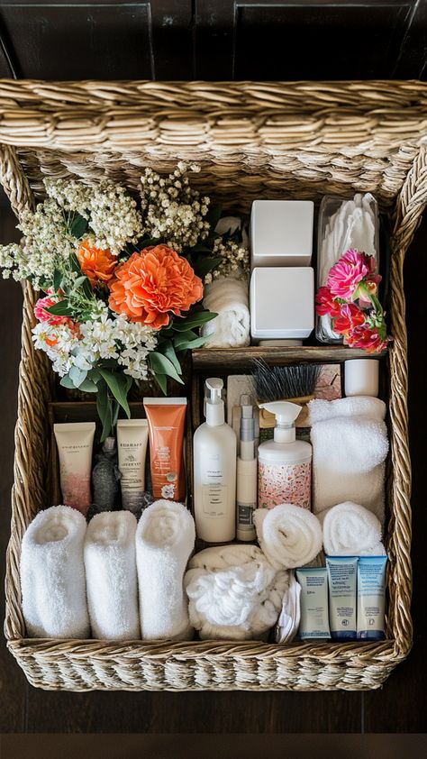 A beautifully arranged wedding bathroom basket filled with toiletries, first aid items, mints, and sewing kits to keep guests comfortable and happy. Wedding Bathroom Basket Ideas, Bathroom Basket Ideas, Wedding Bathroom Decor, Guest Room Baskets, Guest Bathroom Essentials, Guest Basket, Bathroom Basket Wedding, Bathroom Basket, Wedding Bathroom