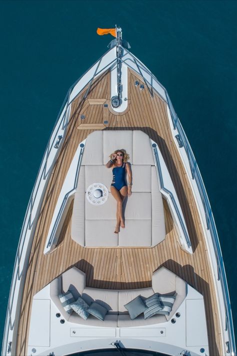 Lounging aboard the CL Yacht 76, Model Kat Quinn is wearing a chic one piece swimsuit with cutouts to match the modern yacht. Modern Yacht, Boat Photoshoot, Luxury Yachts, One Piece Swimsuit, The Modern, Promotion, One Piece, Instagram Posts, Instagram