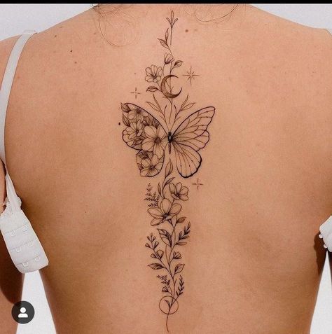 Spine Tattoo With Butterflies, Tattoo With Butterflies, Floral Butterfly Tattoo, Floral Spine Tattoo, Tattoo Down Spine, Tattoo Spine, Spine Tattoo, Spine Tattoos, Floral Butterfly