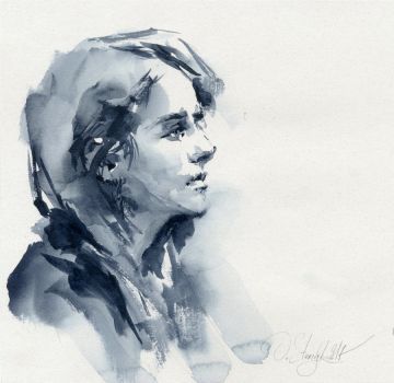 Masha by OlgaSternik Watercolor Emotion, Monochromatic Watercolor, Watercolor Face, Watercolour Portrait, Watercolor Portrait Painting, Ink Wash Painting, Sf Art, Painting People, Watercolor Painting Techniques