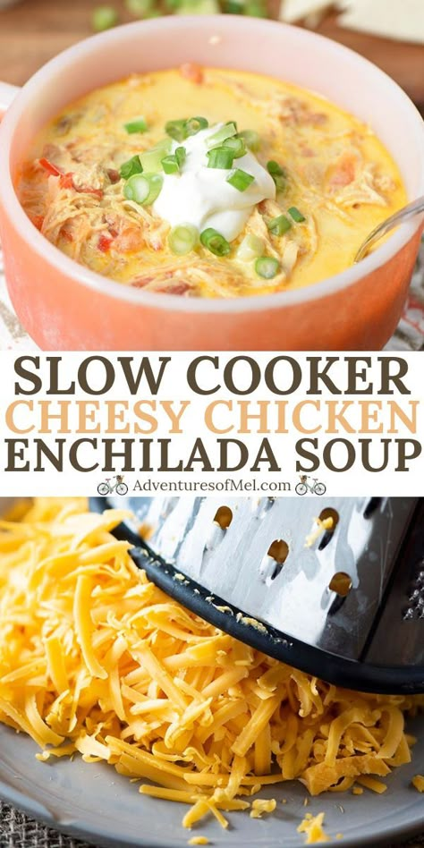 How to make a simple, homemade, creamy chicken enchilada soup in your Crock Pot. Quick and easy recipe without all the hassle of enchiladas! #adventuresofmel #souprecipes #TexMex Cheesy Chicken Enchilada Soup, Slow Cooker Kip, Slow Cooker Cheesy Chicken, Slow Cooker Chicken Enchilada Soup, Creamy Chicken Enchilada Soup, Chicken Enchilada Soup Crock Pot, Enchilada Soup Recipe, Cheesy Chicken Enchiladas, Creamy Chicken Enchiladas