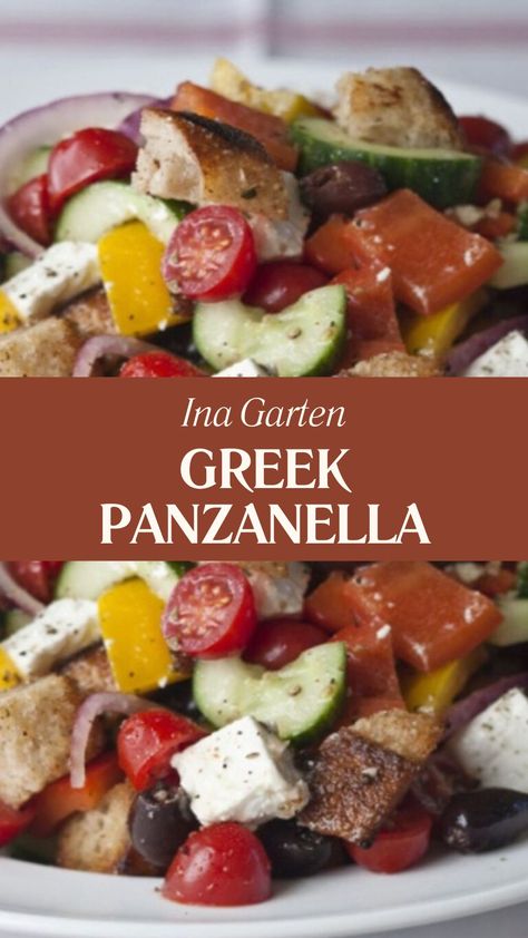 Ina Garten Greek Panzanella Greek Antipasto Salad, Ina Garten Panzanella Salad, Greek Potluck Ideas, Greek Dinner Party Menu Ideas, Greek Sides Dishes, Greek Appetizers Easy, Greek Side Dishes, Greek Recipes Easy, Greek Salad Recipe