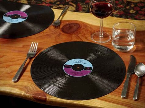 Use them as placemats. | 19 Ways To Reuse Vinyl Records Vinyl Record Projects, Vinyl Record Crafts, Record Crafts, School Dinners, Old Records, Old Vinyl Records, Party Room, Music Images, Music Decor