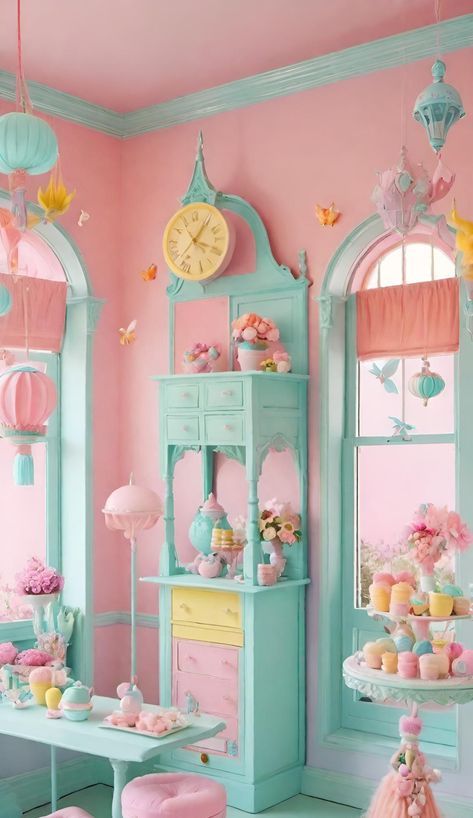 Pink And Teal Aesthetic, Cotton Candy Aesthetic, Pastel Victorian, Candy Cottage, Candy Aesthetic, Whimsical Room, Green Painted Furniture, Barbie Bedroom, Whole Cake