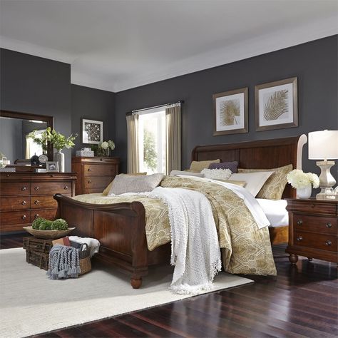 North Woods Bedroom Collection Cherry Wood Bedroom, Dark Wood Bedroom Furniture, Dark Wood Bedroom, King Sleigh Bed, Brown Furniture Bedroom, Sleigh Bedroom Set, Bed Dresser, Wood Bedroom Furniture, Drop Ring