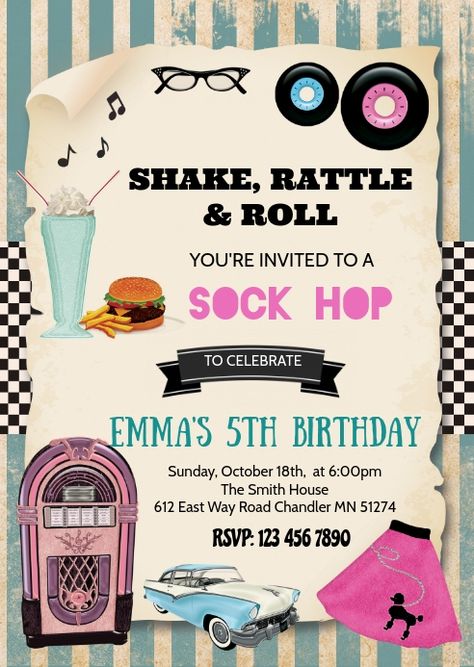 1950 Party Invitations, Sock Hop Invitation, Grease Themed Party Invitations, 50s 50th Birthday Party, Grease Invitations Template, 50s Birthday Invitations, 50s Party Invitations, Grease Party Invitations, 60s Invitation Design