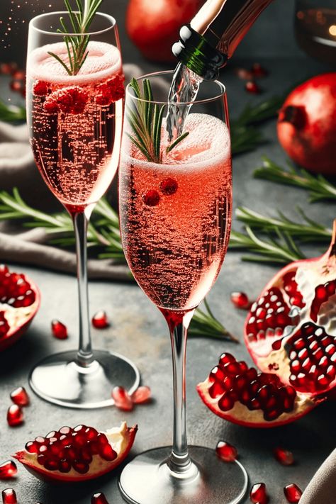 Elegant Drinks Aesthetic, Pomegranate Champagne Cocktail, Christmas Welcome Drinks, Champagne Thanksgiving Drink, Mimosa Bar Christmas, Champagne Welcome Drink, Christmas Champagne Cocktails, Thanksgiving Mimosa, Christmas Mimosa Bar