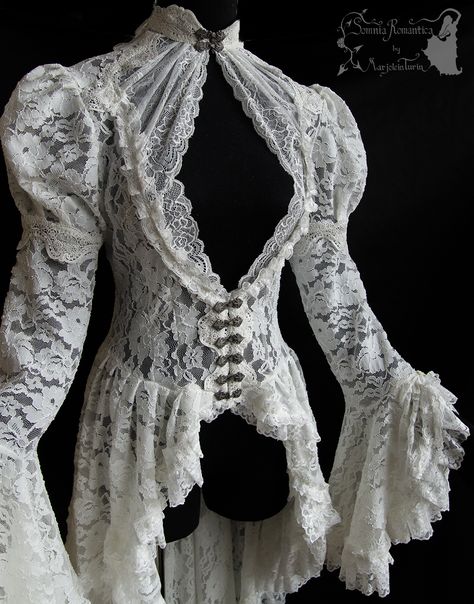 New cardigan/ lace waistcoat, close-up ^^ For all about my designs, see: www.somniaromantica.com ^^ Art Nouveau Fashion, Diy Vetement, Victorian Lace, Fitted Blouses, Lace Patchwork, Romantic Lace, Dove Grey, Mode Inspo, 가을 패션