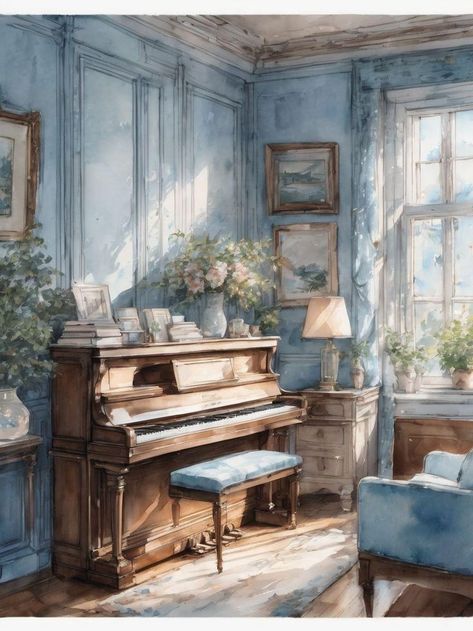 Vintage Bedroom Drawing, Vintage Piano Room, Room With Piano, Bedroom Ideas Aesthetic Vintage, Vintage Blue Bedroom, Watercolour Interior, Piano Watercolor, Light Blue Color Scheme, Victorian Drawing Room