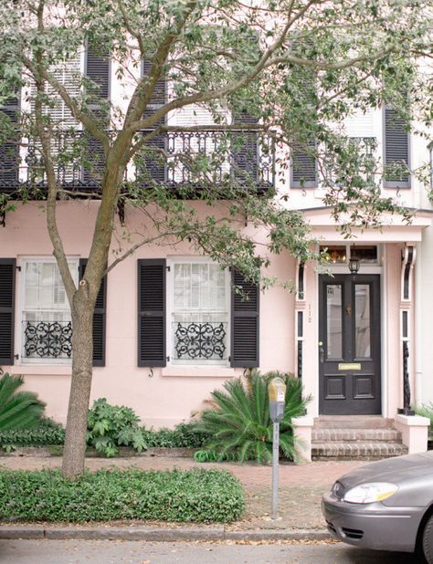 Pink House Exterior, Terrace House Exterior, Black Shutters, Beach House Exterior, Pink Cottage, Pink House, Pink Paint, House Paint Exterior, Pink Houses