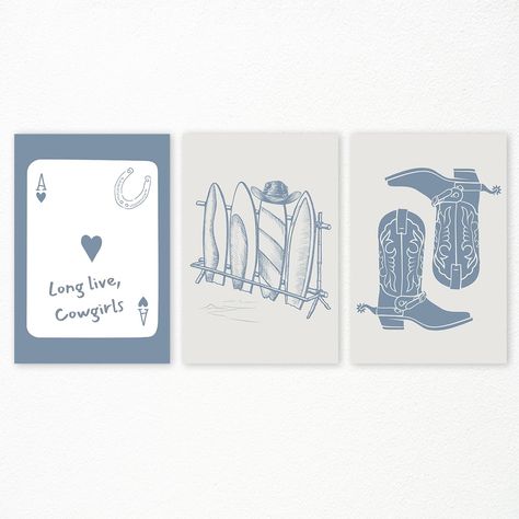 PRICES MAY VARY. Cowboy Boots and Surfboard Picture Print: Add a touch of coastal charm and western flair to your decor with our Cowboy Boots and Surfboard Picture Print. This unique piece combines the ruggedness of cowboy boots with the laid-back vibe of a surfboard, creating an eye-catching and trendy artwork. Pastel Blue Long Live Cowgirls Playing Card Wall Art: Celebrate the spirit of cowgirls with our Pastel Blue Long Live Cowgirls Playing Card Wall Art. This stylish and whimsical print fea Coastal Grandaughter Posters, Costal Cowgirl Wall Art, Cowgirl Boots Picture, Coastal Airbnb, Ace Playing Card, Playing Card Poster, College Wall Decor, Coastal Cowboy, Surfboard Painting