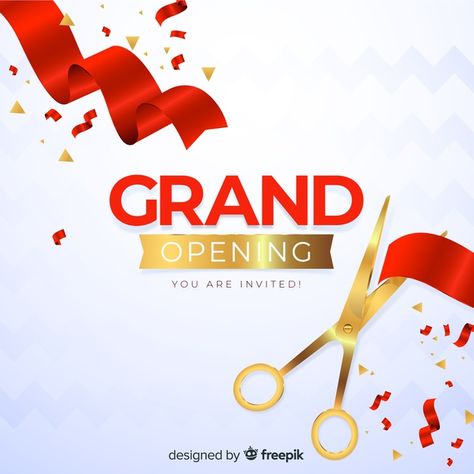 Realistic grand opening decorative background | Premium Vector #Freepik #vector #background #banner #ribbon #business Grand Opening Invitations, Banner Ribbon, Promotion Ideas, Grand Opening Party, Banner Background Hd, Wedding Background Decoration, Store Banner, Text Logo Design, Ads Design