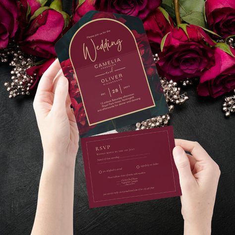 Editable Template Deep Red Roses Forest Green Winter Wedding All In One Invitation Green Wedding Invitations Diy, Red And Green Wedding, Green And Burgundy Wedding, All In One Wedding Invitations, Green Winter Wedding, Deep Red Roses, Wedding Invitations Uk, Low Budget Wedding, Invitation Examples