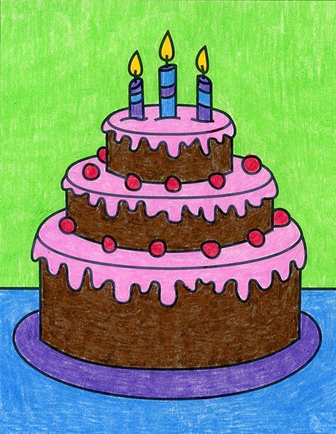 Drawing Of Cake, Cakes Drawing, Birthday Cake Drawing, Drawing Cake, Basic Drawings, Big Birthday Cake, Easy Scenery, Birthday Cake Tutorial, Cartoon Birthday Cake