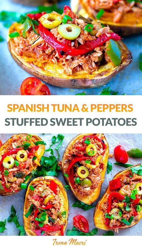 Stuffed Baked Sweet Potatoes With Spanish Tuna & Peppers Meal Prep Paleo, Tuna Healthy, Healthy Tuna Recipes, Canned Tuna Recipes, Sweet Potato Recipes Baked, Whole30 Dinner Recipes, Stuffed Sweet Potatoes, Healthy Tuna, Canned Tuna