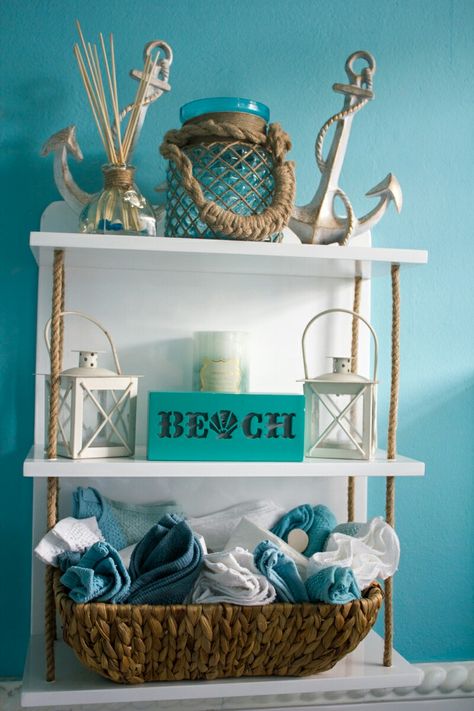 Nautical Shelf, Nautical Bathroom Design Ideas, Hanging Rope Shelves, Ideas Baños, Nautical Bathroom, Nautical Bedroom, Nautical Diy, Nautical Bathroom Decor, Beach Theme Bathroom