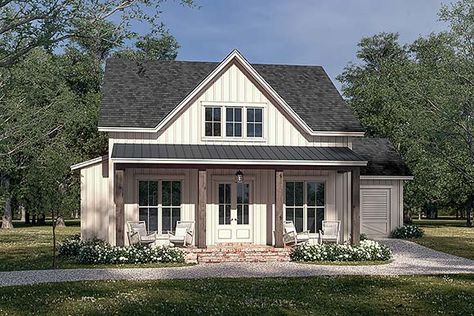 Small House With Garage Plans, Small Farmhouse Plans, Board And Batten Exterior, Cottage Plans, Cottage Style House Plans, Lake Cabin, Farmhouse Style House Plans, Small Farmhouse, Cottage Plan