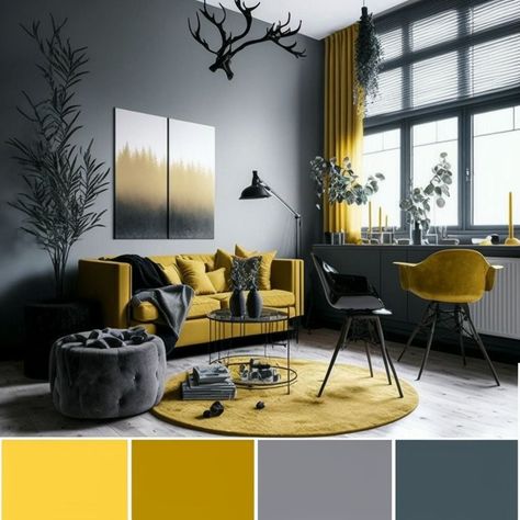 Living Room Mustard, Mustard Living Rooms, Dark Grey Living Room, Mustard And Grey, Lounge Room Design, Room Color Combination, Modern Apartment Living Room, Living Room Wall Color, Room Wall Colors