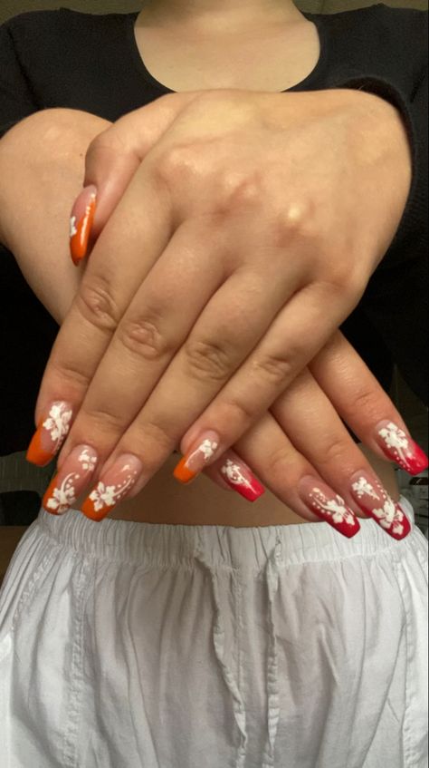 Pink and orange french tip nails with hibiscus flowers on each finger Orange Hawaiian Nails, Hawaiian Nails, Beetles Gel Polish, Pink And, Inspired Nails, Builder Gel, Beetles, Coffin Nails, Gel Polish