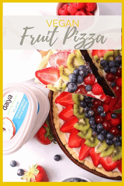 Vegan Fruit Pizza! It is made with a buttery, melt-in-your-mouth sugar cookie crust, topped with sweet cream cheese filling, and finished with fresh fruit for the perfect summertime dessert. Vegan Fruit Pizza, Sweet Cream Cheese Filling, Buttery Sugar Cookies, Vegan Pizza Recipe, Vegan Sugar Cookies, Fruit Tart Recipe, Sugar Cookie Crust, Fruit Pizza Recipe, Eggless Desserts