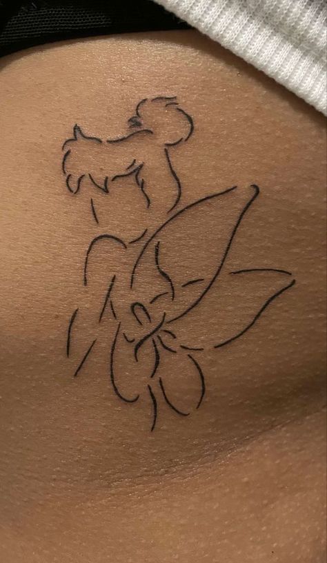 Cartoon Tattoos Small, Tinker Tattoo, Aesthetic Disney Tattoos, Simple Tinkerbell Tattoo, Tinkerbell Tattoo Tiny, Small Cartoon Tattoo Ideas, Cute Disney Tattoos Small, Tinkerbell Tattoo Ideas, Disney Minimalist Tattoo