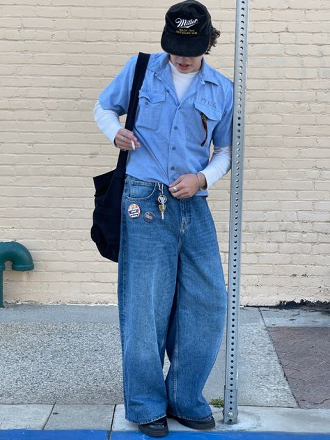 Denim Jacket Aesthetic Men, Denim Aesthetic Outfit Men, 90s Denim Blue Jacket For Streetwear, Vintage Denim Jacket For Streetwear, Masculine Fits, Men’s Denim Jacket Aesthetic, Blue Jeans Outfit Men, Nyc Fits, Jeans Outfit Men