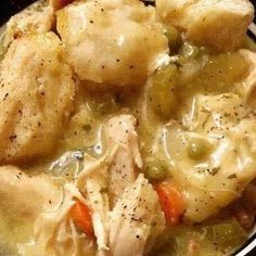 Crockpot Chicken and Dumplings Super easy and yummy! My family loves it! Ingredients...... 4 boneless skinless chicken breast 1 can chicken broth 2 cans cream of chicken sliced carrots sliced celery 1/2 can peas 1/2 onion crumbled bacon parsley garlic powder salt and pepper 1 can flaky biscuits Method Place chicken breasts in bottom of crockpot Pour chicken broth and both cream of chickens over it Add in carrots celery and onion. How much ever you prefer Add in garlic powder salt and pepper and Crockpot Chicken And Dumplings, Can Chicken, Chicken Slices, Dumpling Recipe, Boneless Skinless Chicken, Chicken And Dumplings, Boneless Skinless Chicken Breast, Cream Of Chicken, Cream Of Chicken Soup