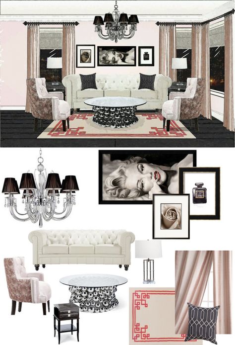 Moodboard of a living room design inspired by Marilyn Monroe. Marilyn Monroe Living Room Ideas, Marylin Monroe Bedroom Ideas, Marilyn Monroe Room Ideas, Marilyn Monroe Bedroom, Marilyn Monroe Room, Living Room Moodboard, Marilyn Monroe Decor, Monday Holiday, Room Moodboard