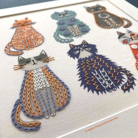 This cat embroidery kit creates six individual cats, each with their own character and personality. It's a perfect gift idea for a cat owner. Blue And White Embroidery Designs, Dog Embroidery Ideas, Cute Embroidery Ideas, Easy Embroidery Ideas, Quirky Embroidery, Cat Embroidery Pattern, Print Making Designs, Janome Embroidery, Fun Embroidery