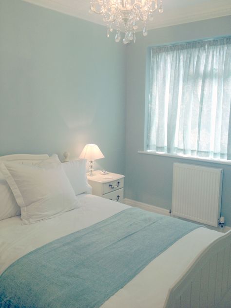 Guest Room finally finished ..Laura Ashley Duck Egg Blue Duck Egg Walls, Pastel Walls Bedroom Paint Colors, Duck Egg Blue Bedroom Ideas, Cute Bedroom Colors, Duck Egg Bedroom Ideas, Soft Blue Room, Sky Blue Room, Duck Egg Bedroom, Duck Egg Blue Bedroom