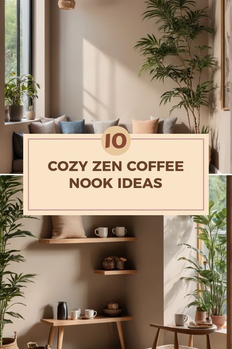 Inspiring ideas for creating a serene Zen coffee nook, featuring natural light, plants, and cozy decor, using 2 beautiful images. Zen Corner Ideas, Coffee Nook Ideas, Calming Plants, Coffee Nooks, Zen Corner, Coffee Table Inspiration, Lush Plants, Tea Station, Zen Tea