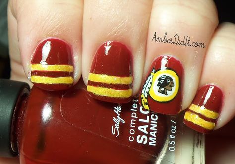 Washington Redskins Themed Nails. I AM ABSOLUTELY IN LOVE WITH THESE!<3 Football Nails Design, Washington Commander, Nfl Nails, Football Nail Art, Sports Nails, Football Nails, Themed Nails, Washington Commanders, Mani Pedi