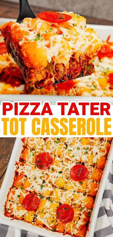 Pizza Tater Tot Casserole is a hearty casserole loaded with ground beef, Italian sausage, pepperoni, green peppers, onions, pizza sauce, mozzarella cheese and crispy tater tots. Loaded Tater Tots Recipes, Pizza Tater Tot Casserole, Tot Recipes, Burger Side Dishes, Tater Tot Recipes, Tater Tot Casserole Recipes, Ground Beef Casserole Recipes, Fantastic Recipes, Chicken Alfredo Recipes