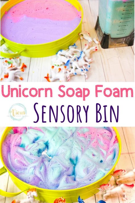 Unicorn Tuff Tray Ideas, Preschool Princess Activities, Unicorn Tuff Tray, Foam Sensory Bin, Fairy Tales Preschool Activities, Unicorn Sleepover, March Projects, Colour Exploration, Toddler Activity Bags