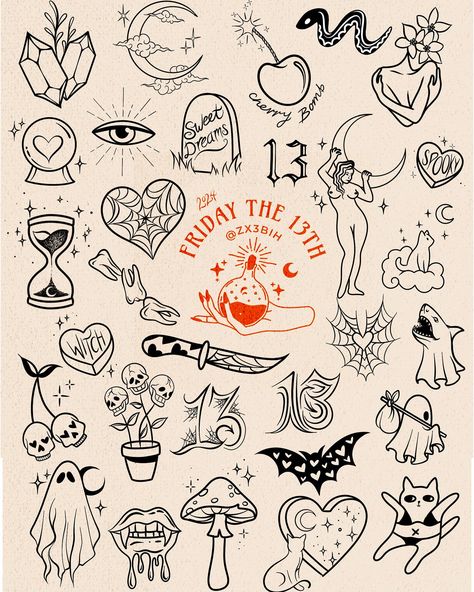 FRIDAY THE 13TH FLASH TATTOOS DESIGN DROP 🕸️🔮 Get ready for a day of discounted ink from your favorite artists and people! New friends and returning friends, gear up for appearances from @smoking.lotus, Lolo’s Pincho’s food truck and more! Zx3 Ink wanted to give the treat of dropping the flash early this year for all of you to pick out what you’re getting the day of! Prices range from $45+ 🤯 Get here early! Doors open at 11 am right here @zx3artistry! Cut off to get in the queue is 5 pm o... Friday 13 Tattoo Ideas Small, Scream Phone Tattoo, Psych Tattoo Show, Winter Tattoo Flash, Halloween Flash Tattoo Ideas, Fall Flash Sheet, Flash Tattoo Halloween, 90s Flash Tattoo, Witchy Flash Tattoo