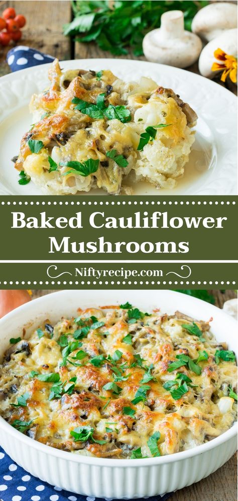 This cauliflower and mushroom casserole is delicious and easy to make! Pair with chicken, fish or a side salad! Mushroom Coliflower Recipes, Broccoli Cauliflower Mushroom Recipe, Cauliflower Mushroom Casserole, Califlower Recipes Mushroom, Mushroom And Cauliflower Recipes, Mushrooms And Cauliflower Recipes, Fish And Mushroom Recipe, Cauliflower And Mushroom Recipes, Cauliflower Mushroom Recipes