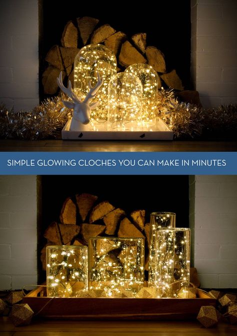 How to: Make Simple Glowing Cloches in Minutes Glass Cloches, Diy Luminaire, Lighted Centerpieces, Christmas Light Installation, Fireplace Lighting, Twinkly Lights, Hanging Christmas Tree, Photo Restoration, Glass Cloche