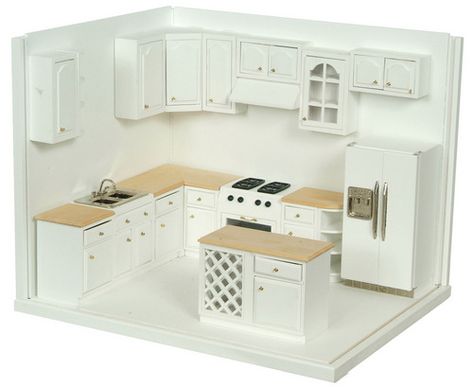 Love this!! Contemporary Kitchen White, How To Make Kitchen Cabinets, White Kitchen Set, Kitchen Set Cabinet, Dollhouse Design, Dollhouse Miniatures Kitchen, Diy Barbie Furniture, Mini Doll House, Miniature Dollhouse Furniture