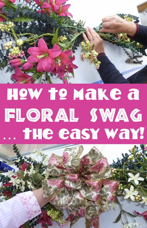 Floral Swag Flower Swags Diy How To Make, Swag Floral Arrangements, How To Make Flower Swag For Arch, How To Make A Floral Swag For A Wedding, How To Make A Corner Floral Swag, Diy Floral Swag For Wedding Sign, How To Make Swags, Spring Swag Wreath, How To Make A Door Swag Tutorials