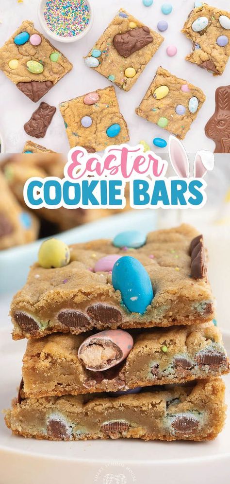 These Easter Cookie Bars are made with a delicious cookie batter, M&M’s, and topped with chocolate bunnies! If you’re looking for an easy Easter dessert recipe, try this adorable treat! These adorable Easter M&M cookie bars feature all of your favorite Easter candies, like chocolate bunnies and Robin eggs, plus Easter sprinkles! Save this spring sweet treat! Peeps Dessert Recipes, Peep Desserts, Peeps Dessert, Easter Cookie Bars, M M Cookie Bars, Peeps Recipes, Yummy Easter Desserts, Peeps Marshmallow, Cadbury Mini Eggs