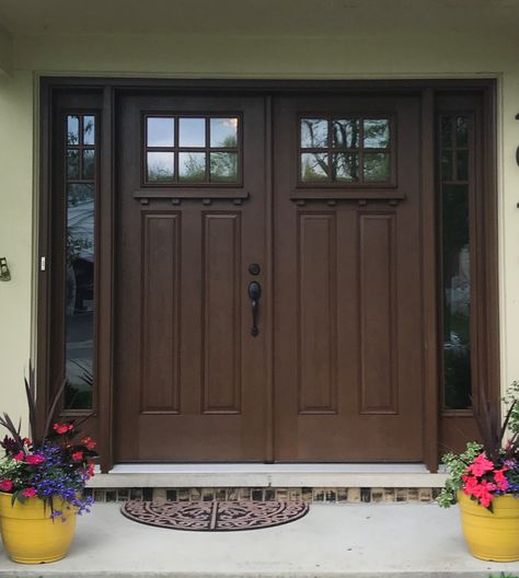 Therma Tru Fiberglass craftsman style double door with sidelites in Downers Grove Double Front Entry Doors Wood Craftsman Style, Front Door Manufacturer, Double Door With Sidelights, Garage Theater, Fiberglass Double Entry Doors, Craftsman Entry, Exterior Doors With Sidelights, Craftsman Style Exterior, Double Front Entry Doors