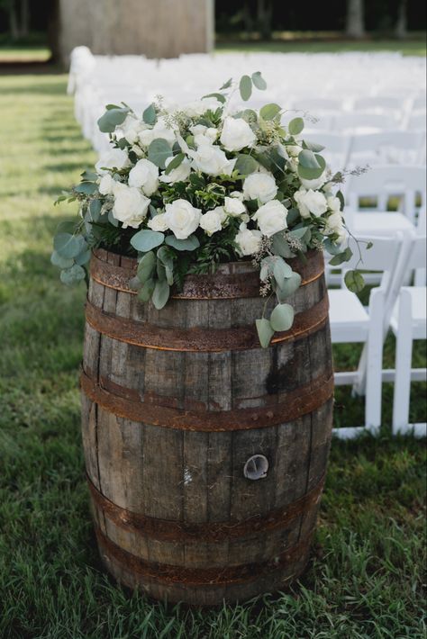 Barrels At Wedding, Barrel Flowers, Wedding Aisle Outdoor, Barrel Wedding, Wedding Isles, Country Theme Wedding, Wedding Reception Flowers, Sage Wedding, Wedding Entrance