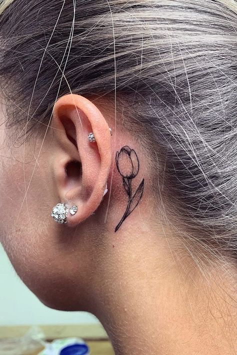 Tulip Tattoo Behind The Ear, Small Tulip Tattoo Behind Ear, Tulip Ear Tattoo, Tulip Behind Ear Tattoo, Tulip Tattoo Behind Ear, Tulip Tattoos, Back Ear Tattoo, Behind Ear Tattoos, Tulip Tattoo