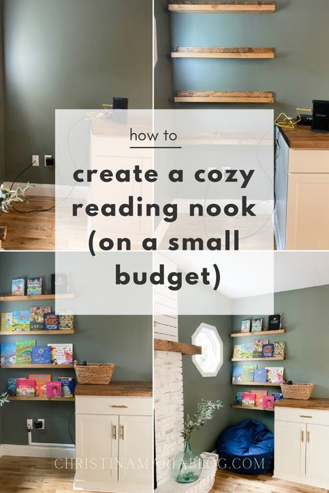 It's SO simple to make this cozy reading nook in any room. And the best part? It will not break your budget! Here's a project anyone can do! Cube Book Shelf, Diy Built In Desk, Small House Furniture, Cozy Reading Corner, Big Blank Wall, Open Bookshelves, Cozy Reading Corners, Renovation Inspiration, Homeschool Room