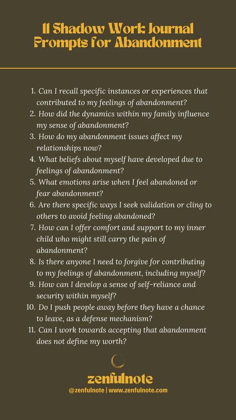 The shadow work process takes time and gentleness with yourself. It might bring up strong emotions, so seeking support from a therapist or counselor can be beneficial as you navigate these deep-seated issues. Work Journal Prompts, Shadow Work Journal Prompts, Shadow Work Journal, Abandonment Issues, Strong Emotions, Work Journal, Bring Up, Shadow Work, The Shadow