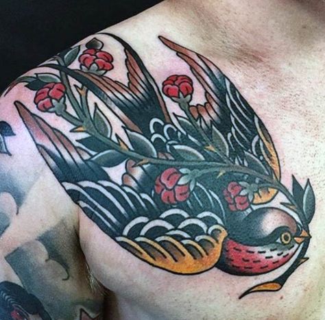 Neotraditional Swallow Neo Traditional Chest Tattoo, Traditional Swallow Tattoo, Traditional Chest Tattoo, Traditional Chest, Vogel Tattoo, Omerta Tattoo, Neotraditional Tattoo, Swallow Tattoo, Mens Shoulder Tattoo