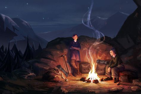 Travel Campfire Concept Art, Anime Campfire, Campfire Drawing, Zelda Artwork, Fire Wolf, Drawing Aesthetic, Forest Color, Night Forest, Fantasy Places