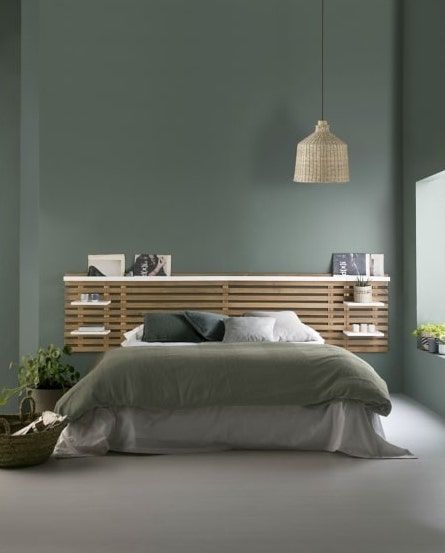 Beautiful Bed Designs, Design Ložnic, Scandinavian Design Bedroom, Headboard With Shelves, Zen Bedroom, Bed Design Modern, Dekorasi Kamar Tidur, Headboard Designs, Bedroom Green